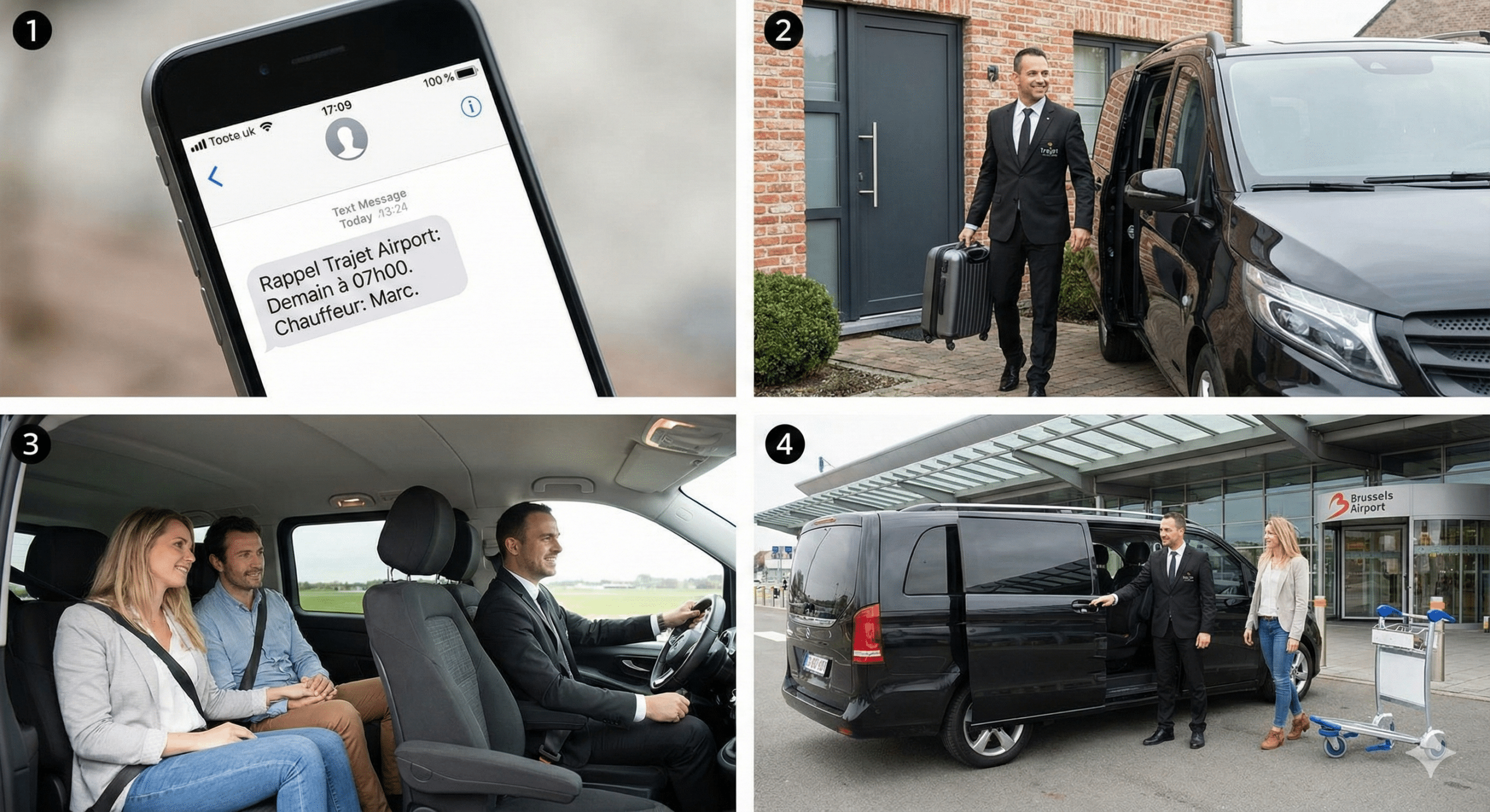 Chauffeur Trajet Airport en costume attendant un client au terminal des arrivées de l'aéroport avec une tablette affichant son nom pour un accueil personnalisé.