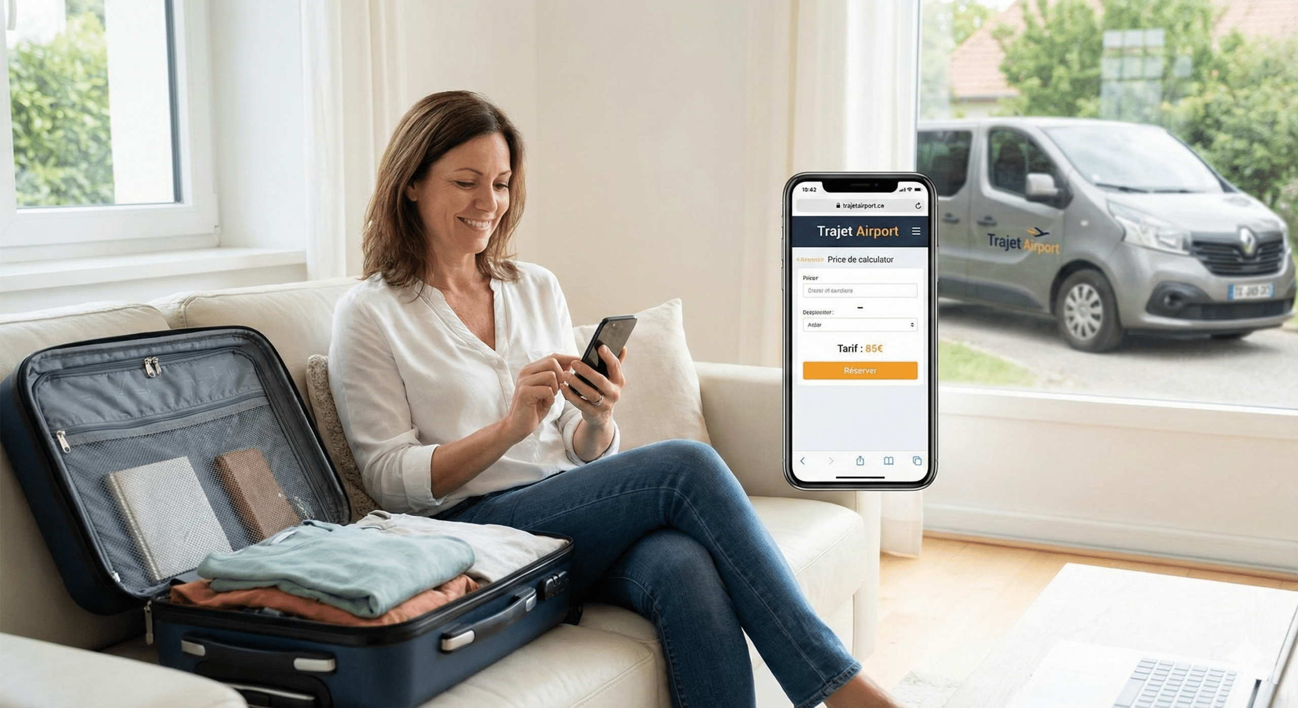 Cliente souriante utilisant le calculateur de tarif sur son smartphone pour réserver une navette aéroport Trajet Airport qui arrive devant sa maison à Mons.