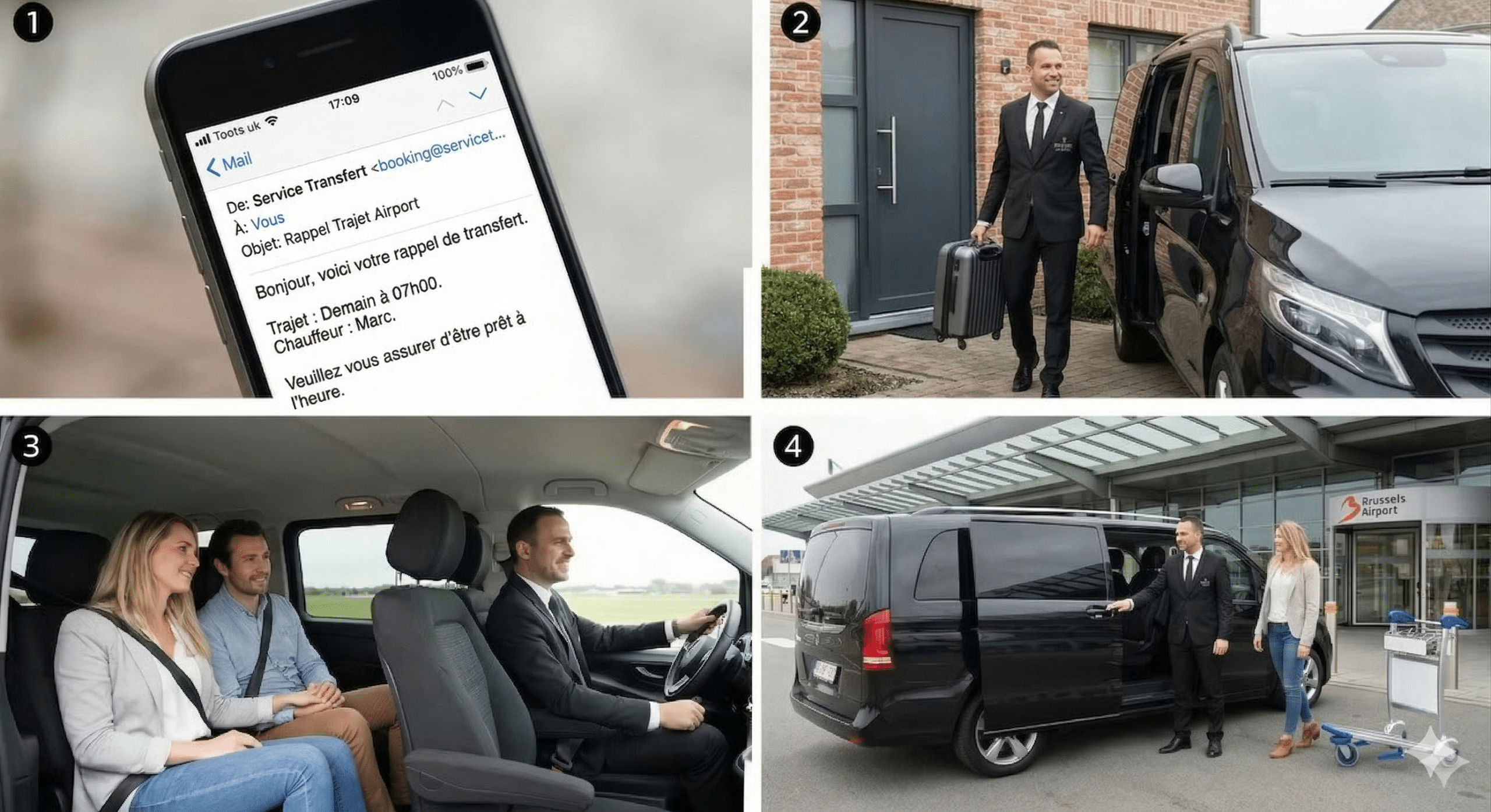 Chauffeur Trajet Airport en costume attendant un client au terminal des arrivées de l'aéroport avec une tablette affichant son nom pour un accueil personnalisé.